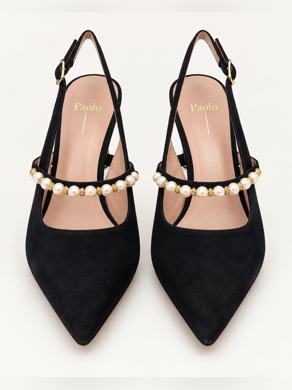 Paolo Black Pearl-Strap Pointed Slingback Pumps